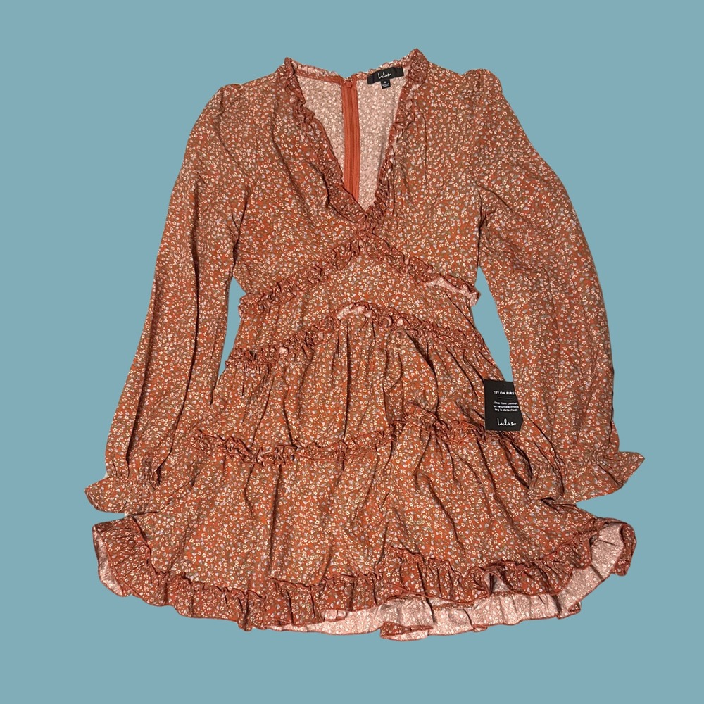 Lulus Love In Bloom Rust Orange Floral Print Ruffled Long Sleeve Mini Dress M